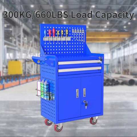 2-Drawer Rolling Tool Chest With Locking Cabinet On Wheels Built Tough For Garage, Workshop, And Warehouse, Big Storage, Backboard For Hanging Tools, Durable Blue, 65x40x85 cm