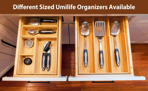 2.5 Inch High Bamboo Drawer Organizer With Five Rearrangeable Bins For Kitchen, Office, and Closet Use