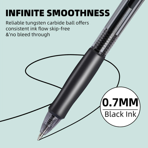 Close-up of a 0.7mm retractable black gel pen with smooth grip, part of Bulk Gel Pens 0.7mm Retractable Black Ink Set 12 Pens With 6 Refills Long Lasting Value For Office School And Home Smooth Writing Quick Click Everyday Carry Essentials