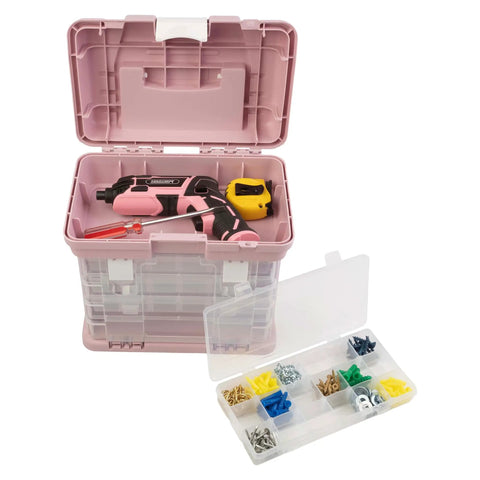 Pink Portable Tool Box With Four Removable Drawers And Customizable Compartments for easy organizing hardware and crafts