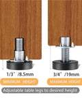 Beefy One Quarter Inch Threaded Leveling Feet For Furniture With T Nuts Adjustable Levelers And Non Marring Rust Resistant Construction Ideal For Leveling Household Tables Ten Piece Set showing minimum and maximum height adjustment.