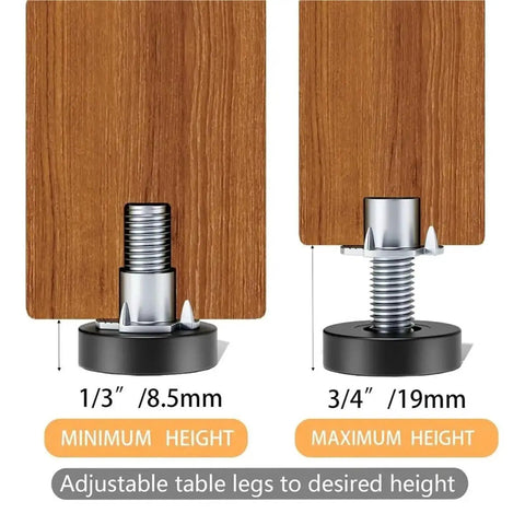 Beefy One Quarter Inch Threaded Leveling Feet For Furniture With T Nuts Adjustable Levelers And Non Marring Rust Resistant Construction Ideal For Leveling Household Tables Ten Piece Set showing minimum and maximum height adjustment.