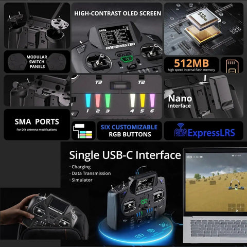 Beast Dual Band ExpressLRS RC Transmitter with customizable RGB buttons, OLED screen, and USB-C interface in use with laptop simulator.