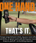 Hand using Holds Tight Magnetic Golf Cart Phone Mount With 360 Degree Rotation For GPS Music And Scoring Apps No Slip Grip Locks Through Bumps And Quick Stops Every Ride on golf cart.