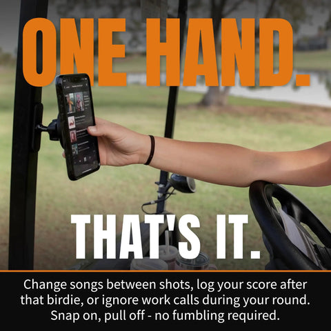 Hand using Holds Tight Magnetic Golf Cart Phone Mount With 360 Degree Rotation For GPS Music And Scoring Apps No Slip Grip Locks Through Bumps And Quick Stops Every Ride on golf cart.