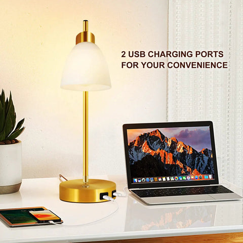 Gold Brass Industrial Table Lamp With Dual USB Ports Fully Dimmable Touch Control Edison Bedside Light For Bedroom Or Living Room Sleek Minimalist Nightstand Fixture Warm Glow Includes A19 6W LED Filament Bulb on desk with laptop and phone charging