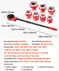 Ratchet Pipe Threader Kit With 7 Dies From 3/8 NPT To 2 NPT, Portable Go-To Manual Threading Tool, with dies and dimensions.