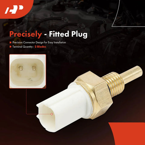 A-Premium left engine coolant temperature sensor; front view shows brass threaded body and white plastic probe, 2-pin connector inset.