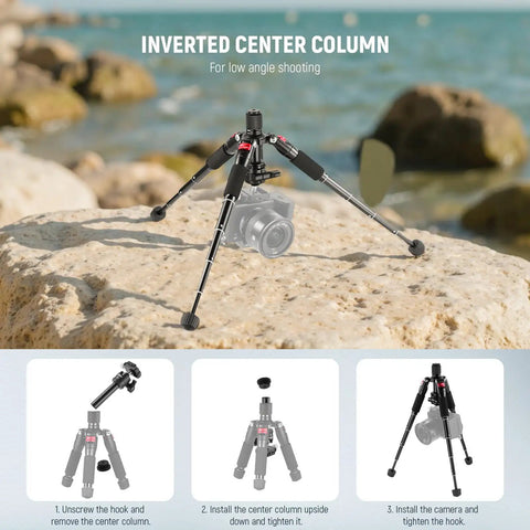 Compact Portable Travel Mini Tabletop Tripod With 360 Degree Ball Head Aluminum Desk Tripod on rock with inverted center column