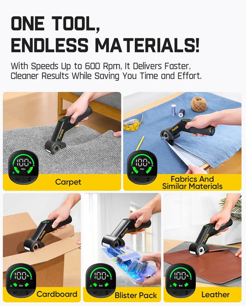 C10 Pro BowGuide Electric Cardboard Cutter Cordless Scissors cutting carpet, fabric, cardboard, blister pack, and leather