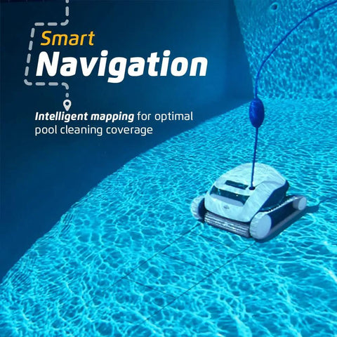 E10 Automatic Robotic Pool Vacuum Cleaner With Active Scrub Brush in a pool showcasing smart navigation system