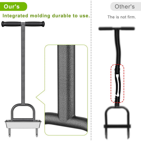 Comparison showing manual lawn core aerator with stainless steel core plugs and storage tray versus competitor product.