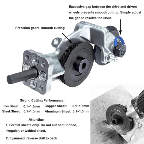 Heavy Duty Metal Nibbler Drill Attachment For Fast Burr Free Sheet Metal Cutting Turn Your Drill Into A Kickass High Speed Cutter For Iron Stainless Steel Aluminum Copper And Plastic With Clean Straight Lines And Curves. Metal nibbler drill attachment with precision gears and cutting depth notes