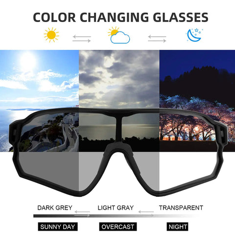 Photochromic Cycling Sunglasses For Men With Light Adaptive Lenses Frameless Design For Clear Peripheral Vision Sports Bike Glasses Ready For Any Ride showing color change from sunny to night conditions