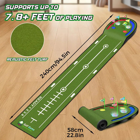 Kids Golf Putting Mat 7.8 Ft With LED Light Up Holes Glowing Balls Two Clubs Indoor Outdoor Toy Golf Game Set