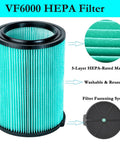 Heavy Duty Five Layer HEPA Replacement Filter for 5 to 20 Gallon Wet Dry Shop Vacuums with VF6000 label and features
