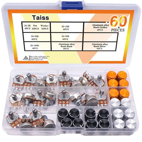 80Pcs Potentiometer Kit WH148 5K 10K 20K 50K 100K Ohm Single Linear Taper Rotary Potentiometers with knobs, nuts, washers in box