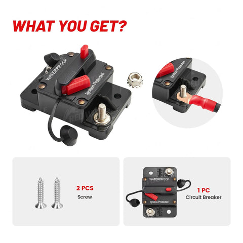 Beefy 60 Amp Waterproof Circuit Breaker Inline Fuse With Manual Reset Switch For Boats Trolling Motors Marine ATVs Trailers Solar Systems And Stereo Power 12V-48V DC Battery Protection with screws and cap shown