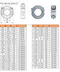 Split Shaft Collar With H7 Tolerance Bore 3/8, 7/8 OD, 3/8 Thick, Zinc Plated 1045 Steel, Set Screw Shaft Clamp For Precise Motion Control Systems And Heavy Duty Machinery, shown with size chart