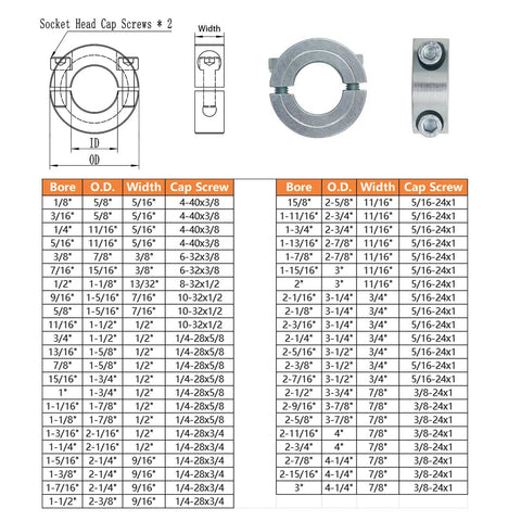 Split Shaft Collar With H7 Tolerance Bore 3/8, 7/8 OD, 3/8 Thick, Zinc Plated 1045 Steel, Set Screw Shaft Clamp For Precise Motion Control Systems And Heavy Duty Machinery, shown with size chart