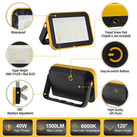 Image showing Rechargeable Cordless Work Light With USB Powered Battery, Waterproof LED Flood Light For Outdoor Use, 2-Pack features and components.
