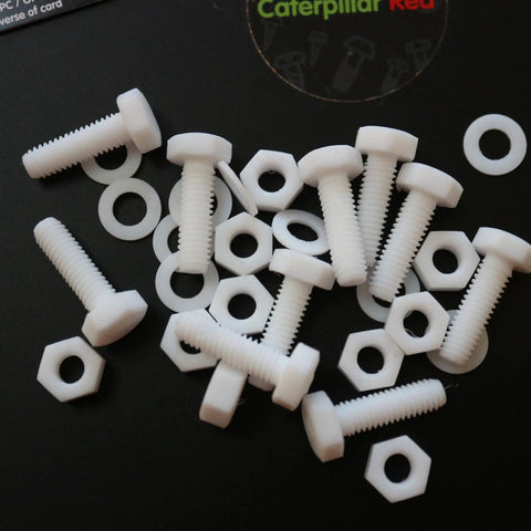 Top Shelf Natural PTFE Hex Head Bolts With Matching Nuts And Washers M6 X 20mm Corrosion Resistant plastic fasteners on black background.