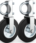 Heavy Duty Gate Wheels For Metal Swing And Sliding Fences Built To Crush A Massive Five Hundred Pound Weight Limit So Your Backyard Or Ranch Gate Rolls Smooth With Zero Sweat Includes Two Tough Support Casters. Close-up view of two durable metal and rubber gate wheels.