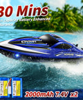 High Speed Remote Control Boat For Kids and Adults on water with two rechargeable batteries shown.