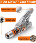 One Hand Ready Ultra Compact Locking Grease Gun Coupler With Twelve Inch Flex Hose Twelve Thousand PSI Quick Release One Eighth Inch NPT Fitting Fits All Grease Guns Cleaning Tool Included Built Tough For Tight Spaces showing reinforced 6-jaw design and thickened spring.