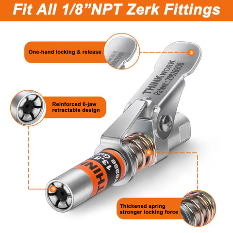 One Hand Ready Ultra Compact Locking Grease Gun Coupler With Twelve Inch Flex Hose Twelve Thousand PSI Quick Release One Eighth Inch NPT Fitting Fits All Grease Guns Cleaning Tool Included Built Tough For Tight Spaces showing reinforced 6-jaw design and thickened spring.