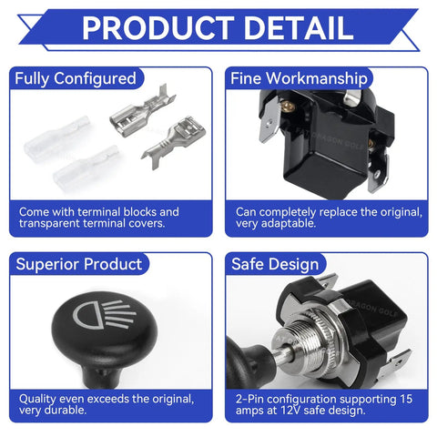 Universal 12 Volt Golf Cart Light Switch Push Pull Headlight Button Replacement product details with connectors and design