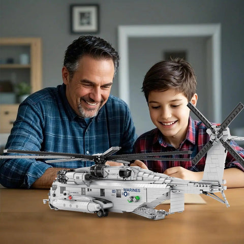 Father and son building Epic Military Helicopter Building Set 33037 Transformable CH 53 Style Model Kit
