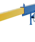 Heavy Duty Steel Orbit Telescoping Forklift Boom Converts Your Rig Into An Overhead Crane, showing blue and yellow color with hooks.