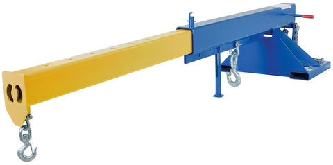 Heavy Duty Steel Orbit Telescoping Forklift Boom Converts Your Rig Into An Overhead Crane, showing blue and yellow color with hooks.