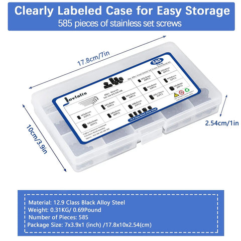 585Pcs Metric Allen Set Screws Kit in Alloy Steel labeled storage case for M3-M8 internal hex drive cup point screws.