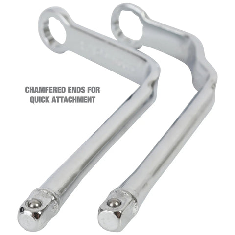 Two Piece Distributor Clamp Wrench Set For Auto Ignition Systems, Offset Design, 9/16 and 1/2 SAE wrenches close-up view