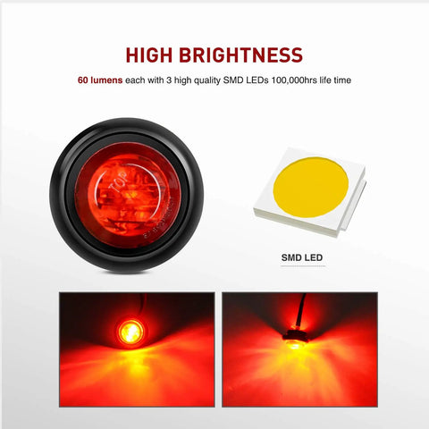 10 Pack 3/4 Inch Round LED Clearance Lights For Trucks RVs Cars Buses Trailers And Boats Front Rear Side Marker Indicator Bullets 12V Red 60 Lumen Output and SMD LED components