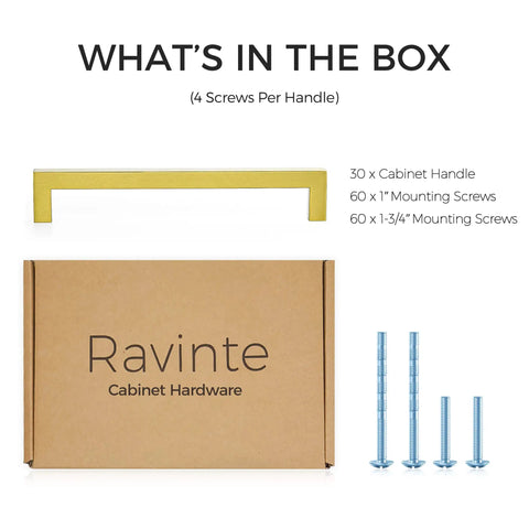 Packaging and contents of 30 Pack Seven And A Half Inch Square Cabinet Handles Brushed Brass Drawer Pulls