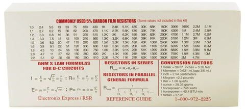 Resistor Kit 365 Piece One Quarter Watt Carbon Film With Color Guide And Reference Guide On Cardboard Storage Box Slotted Compartments For Easy Access 73 Values Each In Own Bags Great For DIY Electronics Projects reference guide showing resistor values and formulas for circuits.