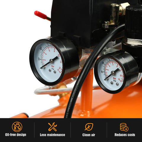 Fornax 8 Gallon Air Compressor With 1HP Oil Free Motor Delivering 2.2 Cfm At Max 125 Psi. Ultra Quiet 70 Db Design Makes This Portable Tank Perfect For Nail Guns, Tire Inflation, And Diy Home Projects While The Lightweight Frame With Wheels Ensures Easy