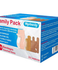 Front view: Hysimedy Family Pack adhesive bandages, 210 assorted sizes; waterproof, flexible fabric.