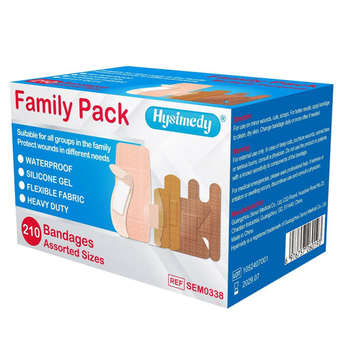 Front view: Hysimedy Family Pack adhesive bandages, 210 assorted sizes; waterproof, flexible fabric.