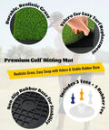 Features of Dual Turf Golf Hitting Mat With Replaceable Surfaces And Tees, showing turf, rubber base, and included tees.