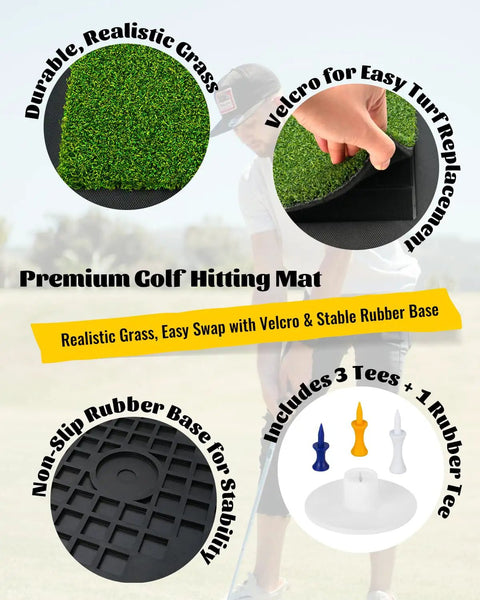 Features of Dual Turf Golf Hitting Mat With Replaceable Surfaces And Tees, showing turf, rubber base, and included tees.