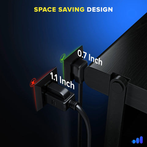Heavy Duty 15 Feet Flat Plug Extension Cord 14 AWG 3 Prong UL Certified showing flat plug fitting behind furniture.