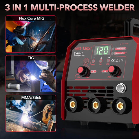 Pro Grade 120 Amp MIG Welder Combo 3 In 1 Gasless Flux Core MIG Lift TIG And Stick Welder For 110V Multiprocess Welding