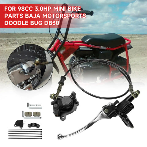 Next Gen Mini Bike Hydraulic Brake Kit For 97cc And 98cc Mini Bikes Fits Baja Doodle Bug DB30, showing brake assembly and parts.