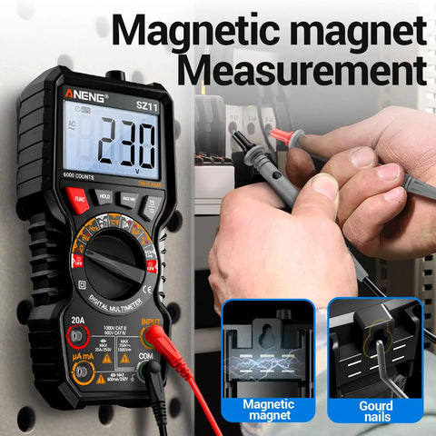 6000 Counts Magnetic Digital Multimeter With Auto Ranging And High Resolution For Automotive Use in action on a metal surface