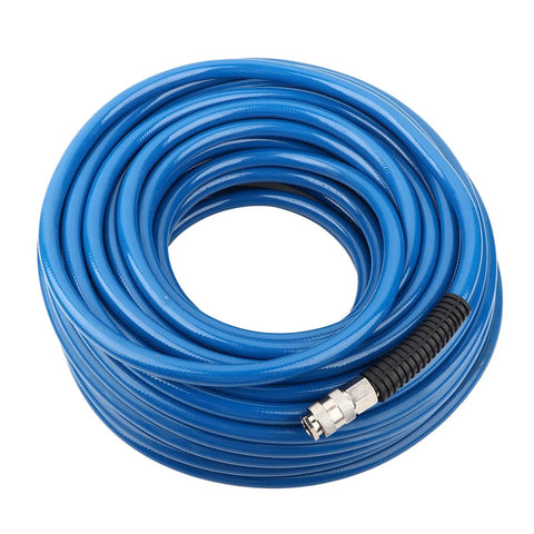 Rock Solid Heavy Duty PVC Air Compressor Hose 2 Pack 30 Meter Length 300 Psi Max Pressure reinforced polyester braid coiled blue hose with connector