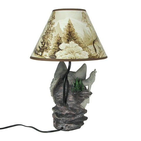 Wolf Bust Table Lamp With Nature Print Shade, 18.5 Inch Tall Cozy Ambient Lighting, 12 Inch Shade Diameter, UL Approved
